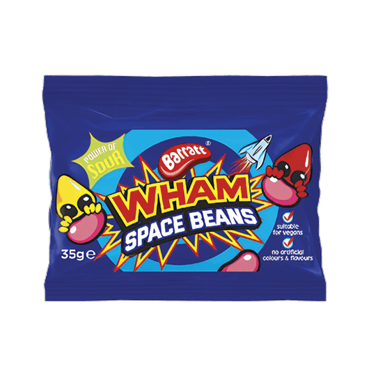 A 35g pack of Barratt Wham Space Beans Sweets. 
